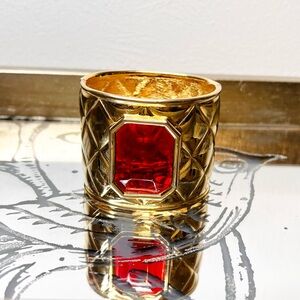 Vintage Les Bernard Signed Gold Tone Red Glass Statement Cuff